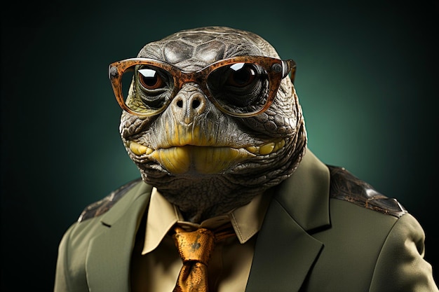 Porträt einer Schildkröte mit Sonnenbrille, Anzug und Krawatte auf massiv grünem Hintergrund Generative KI