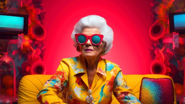 Porträt einer schönen älteren Frau in leuchtender Kleidung und Sonnenbrille