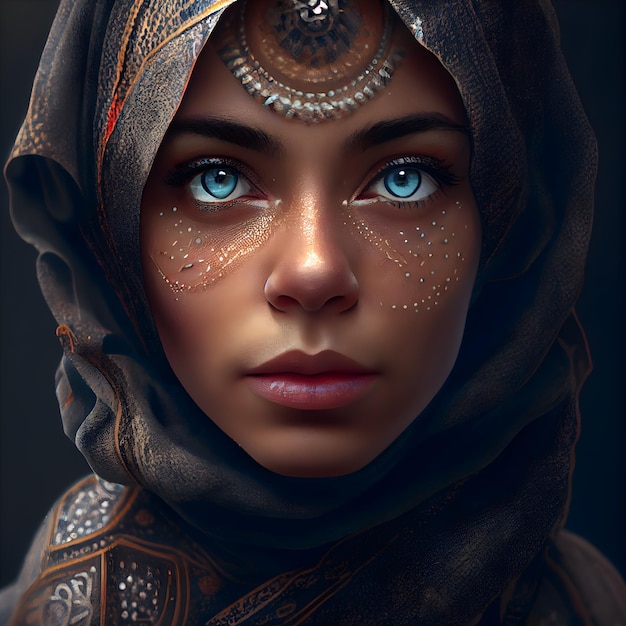 Porträt einer schönen arabischen Frau mit traditionellem orientalischem Kopfschmuck