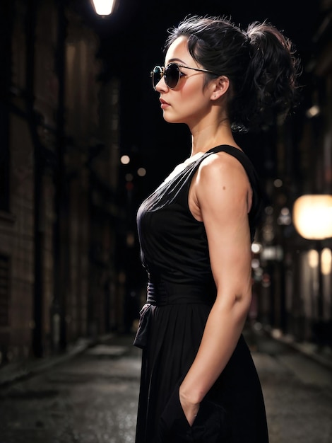 Porträt einer schönen asiatischen Frau in lässigem Outfit bei Nacht, generative KI