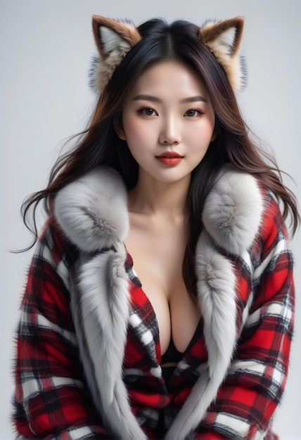 Porträt einer schönen asiatischen Frau mit Fuchsfellmantel, isoliert auf weißem Hintergrund