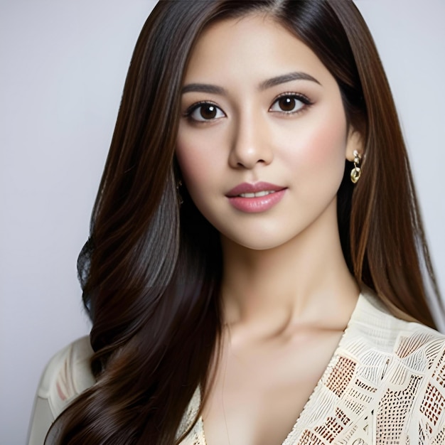 Porträt einer schönen asiatischen Frau mit langen braunen Haaren und Make-up