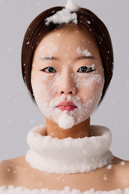Porträt einer schönen asiatischen Frau und Schnee auf ihrem Gesicht Winter-Make-up wie eine Schneekönigin