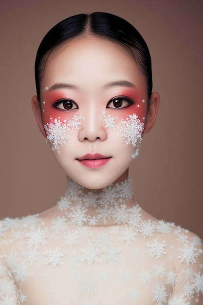 Porträt einer schönen asiatischen Frau und Schnee auf ihrem Gesicht Winter-Make-up wie eine Schneekönigin