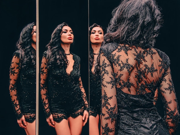 Porträt einer schönen, attraktiven, schlanken, brünetten Frau in der Nähe der Spiegel Modestilkonzept