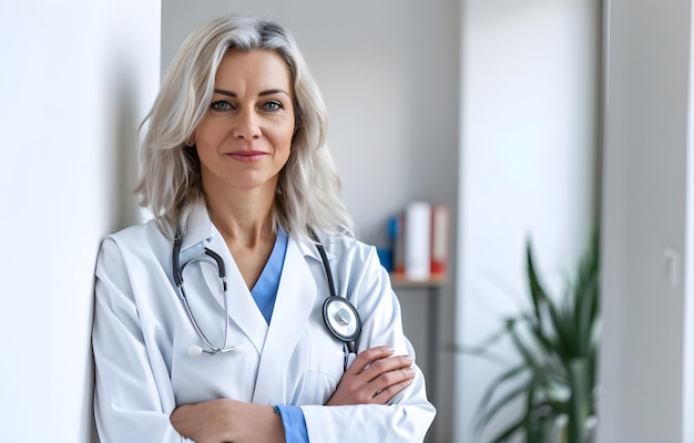 Porträt einer schönen blonden Frau, die als Ärztin auf einem weißen Krankenhausgrund in die Kamera schaut