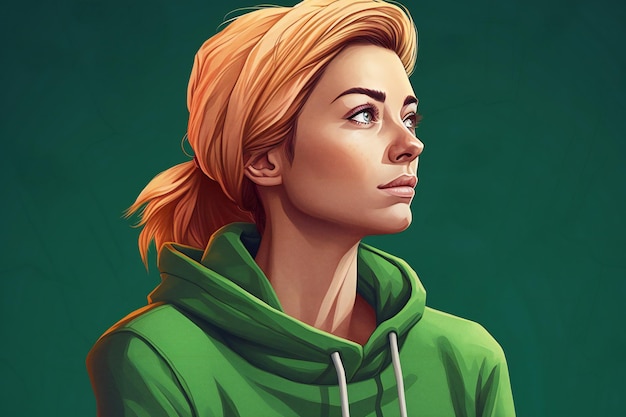 Porträt einer schönen blonden Frau in einem grünen Kapuzenpullover