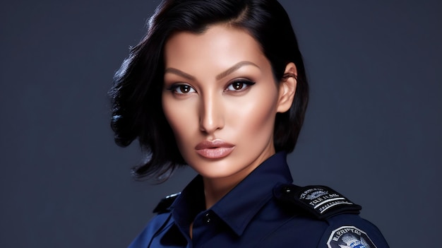 Porträt einer schönen brünetten Frau in Polizeiuniform auf dunklem Hintergrund