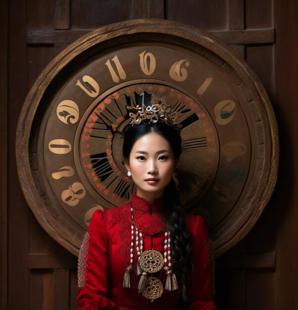 Porträt einer schönen Chinesin in traditioneller chinesischer Tracht mit Uhr