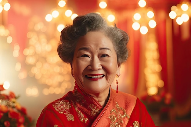 Porträt einer schönen chinesischen asiatischen älteren Großmutter mit rotem traditionellen generativen Ai