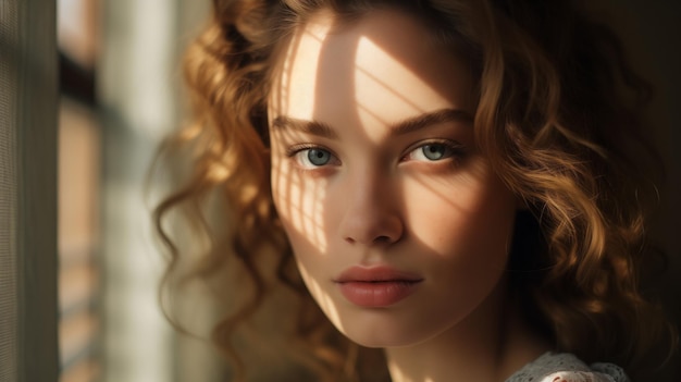 Porträt einer schönen Frau am Fenster mit Jalousien Sonnenlicht durch das Fenster auf ihrem Gesicht lockiges blondes Haar