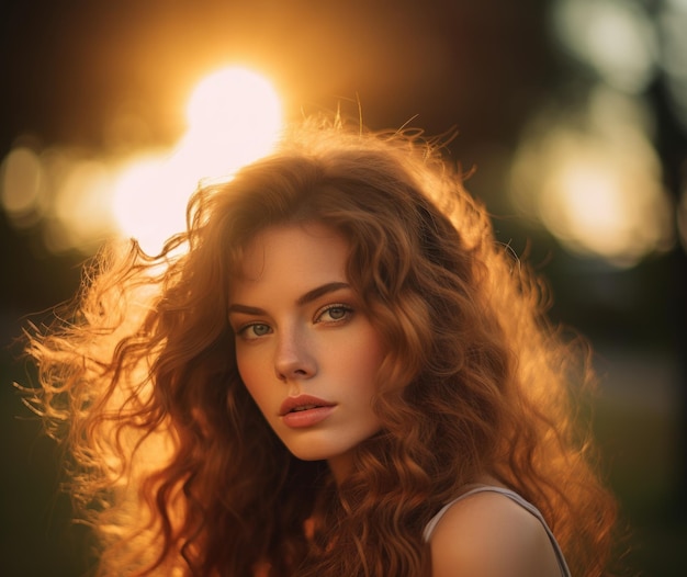 Porträt einer schönen Frau bei Sonnenuntergang Generative KI