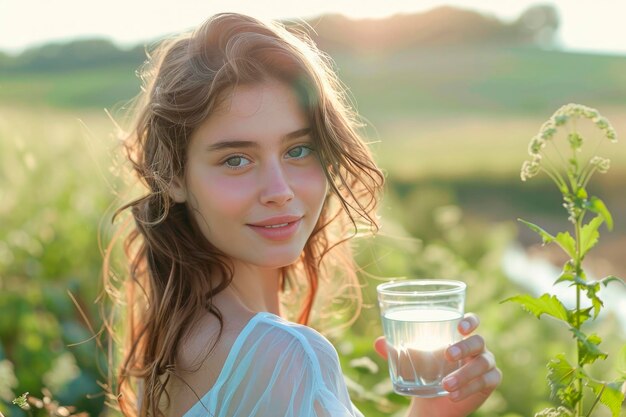 Porträt einer schönen Frau, die ein Glas mit Wasser hält