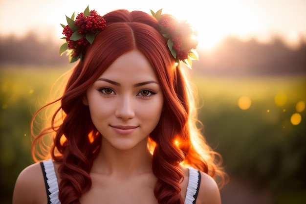 Porträt einer schönen Frau in Sommerkleidung mit einem Blumenkranz auf dem Kopf Generative KI