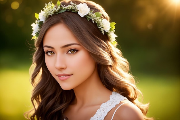 Porträt einer schönen Frau in Sommerkleidung mit einem Blumenkranz auf dem Kopf Generative KI
