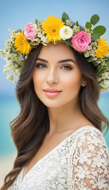 Porträt einer schönen Frau in Sommerkleidung mit einem Blumenkranz auf dem Kopf