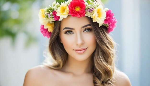 Porträt einer schönen Frau in Sommerkleidung mit einem Blumenkranz auf dem Kopf