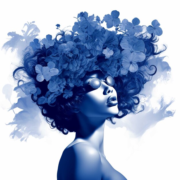 Porträt einer schönen Frau mit Afro-Frisur und Blumen
