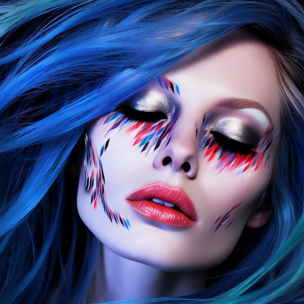 Porträt einer schönen Frau mit blauen Haaren und hellem Make-up