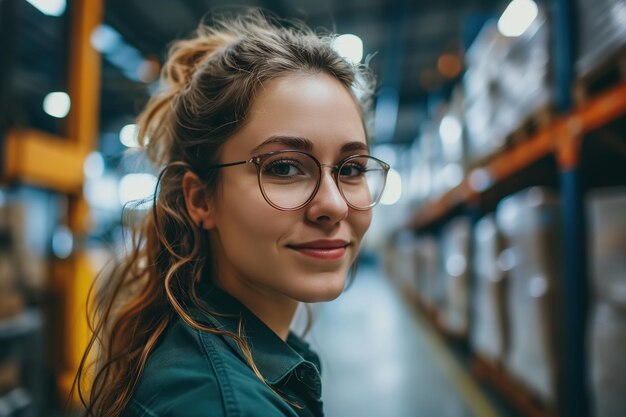 Porträt einer schönen Frau mit Brille in einem Lagerhaus, die in die Kamera schaut