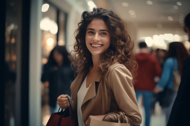 Foto porträt einer schönen frau mit einkaufstaschen im einkaufszentrum