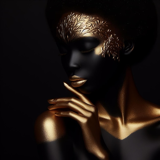 Foto porträt einer schönen frau mit goldenem bodyart auf schwarzem hintergrund