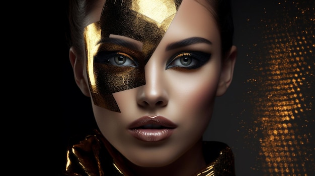 Porträt einer schönen Frau mit goldenem Make-up auf dunklem Hintergrund