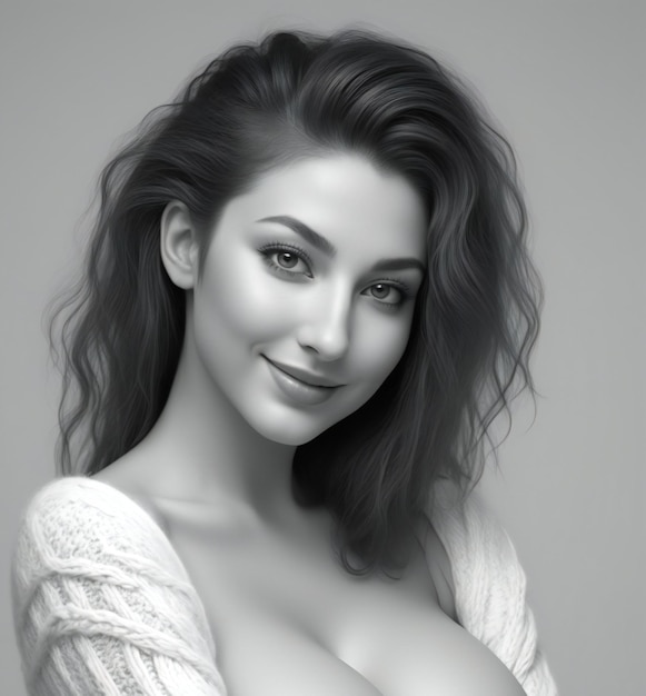 Porträt einer schönen Frau mit langen lockigen Haaren grauer Hintergrund