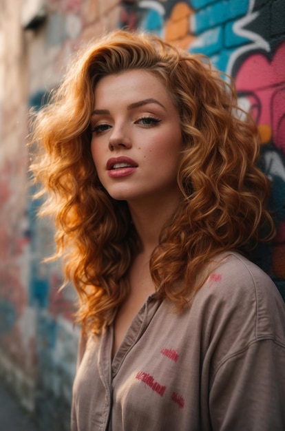 Porträt einer schönen Frau mit langen, roten, welligen Haaren in lässiger Kleidung