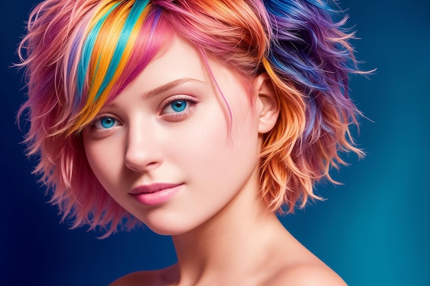 Porträt einer schönen Frau mit nackten Schultern und mit mehrfarbigen Strähnen gefärbtem Haar Generative KI