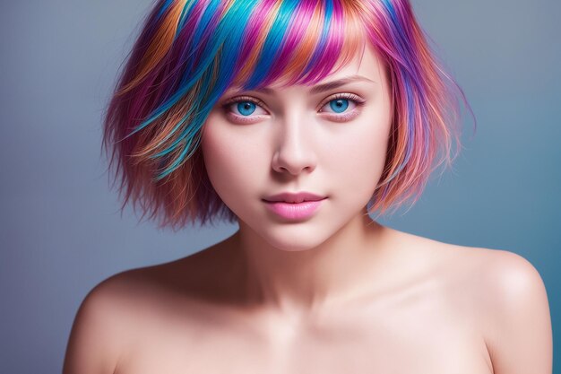 Porträt einer schönen Frau mit nackten Schultern und mit mehrfarbigen Strähnen gefärbtem Haar Generative KI