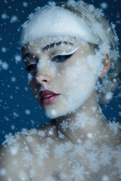 Porträt einer schönen Frau und Schnee auf ihrem Gesicht Winter-Make-up wie eine Schneekönigin