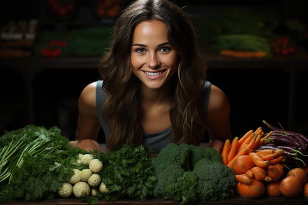 Porträt einer schönen, fröhlichen Frau, umgeben von frischem, saftigem Gemüse