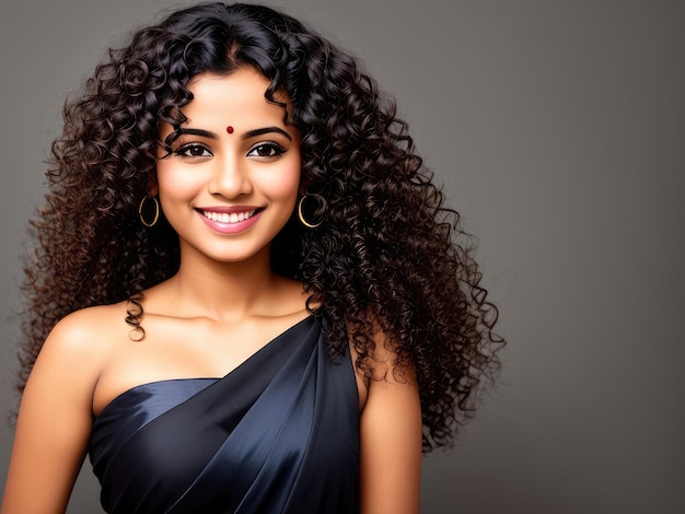 Porträt einer schönen, fröhlichen indischen Frau mit fliegenden lockigen Haaren, die vor dunklem Hintergrund lächelt und lacht