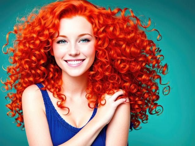 Porträt einer schönen, fröhlichen rothaarigen Frau mit fliegenden lockigen Haaren, die lächelt und auf farbigem Hintergrund lacht
