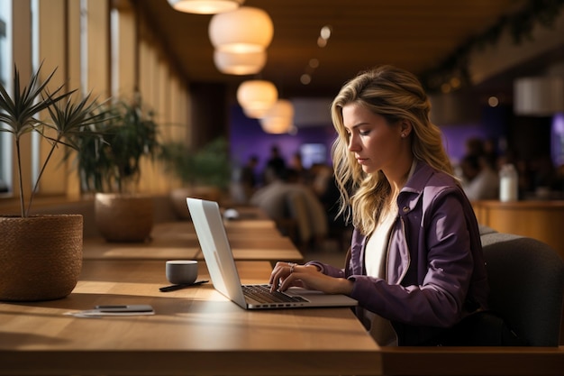 Porträt einer schönen Geschäftsfrau, die auf einem Laptop arbeitet