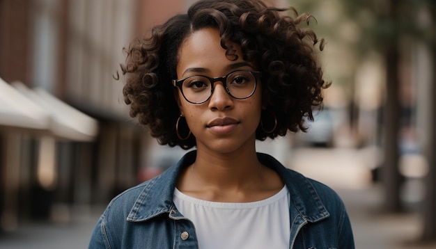 Porträt einer schönen jungen afroamerikanischen Frau mit Brille im Freien ai generative