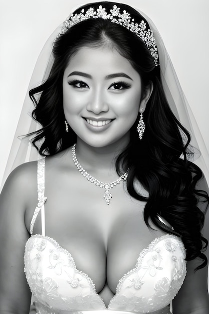 Porträt einer schönen jungen asiatischen Frau im weißen Hochzeitskleid