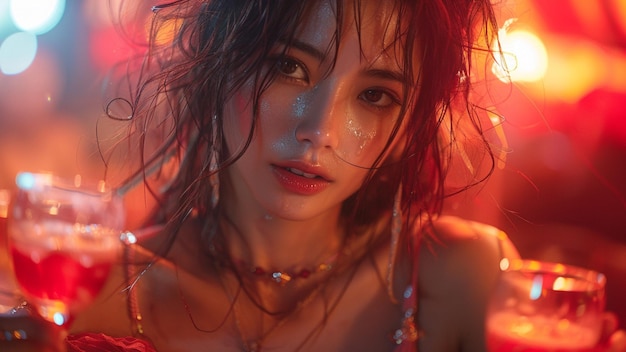 Porträt einer schönen jungen asiatischen Frau mit hellem Make-up und Rotwein in einem Nachtclub