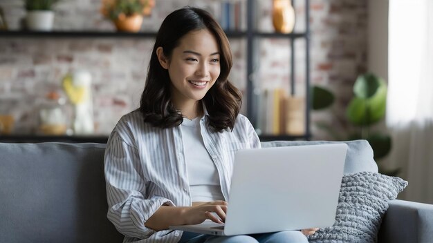 Porträt einer schönen jungen asiatischen Frau mit Laptop auf dem Sofa mit Stay-Home-Papier