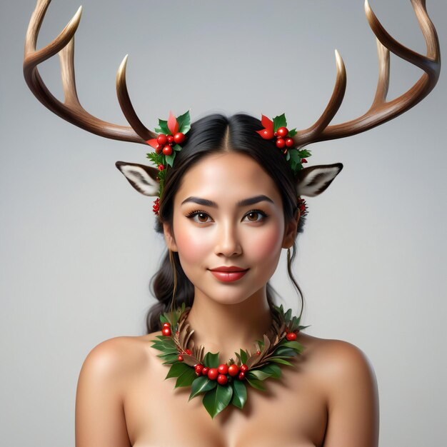 Porträt einer schönen jungen asiatischen Frau mit Weihnachtshirschhörnern