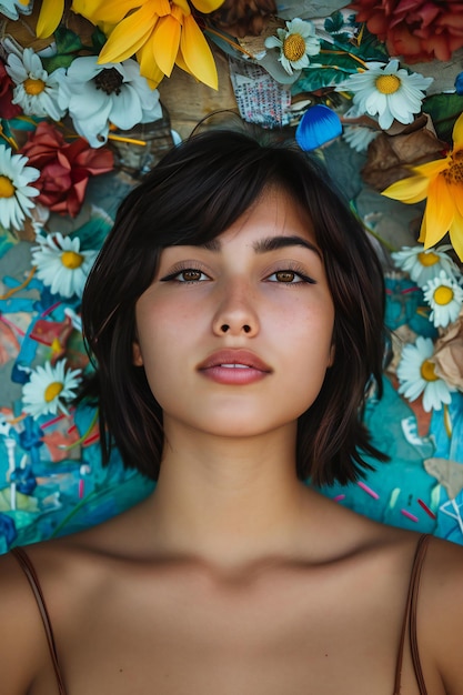 Porträt einer schönen jungen Frau, die auf einem Blumenbeet liegt