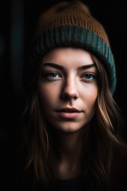 Porträt einer schönen jungen Frau, die eine mit generativer KI erstellte Mütze trägt