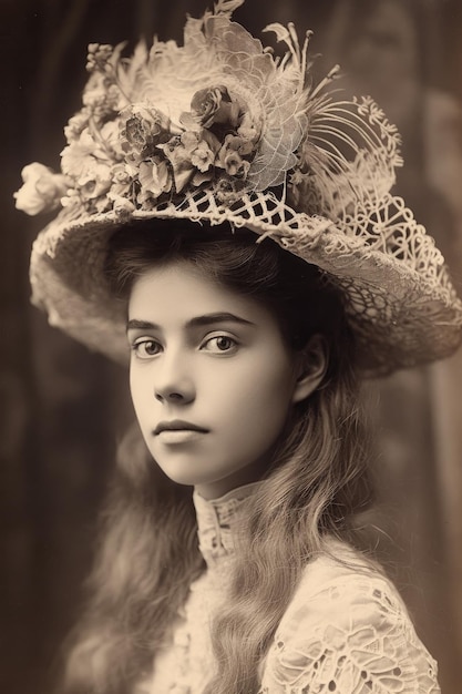 Porträt einer schönen jungen Frau, die einen kunstvollen Hut trägt, der mit generativer KI erstellt wurde