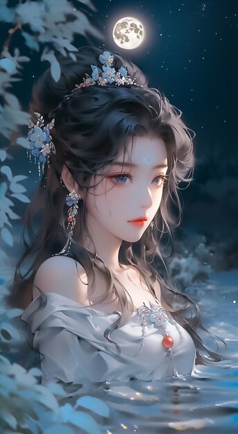 Porträt einer schönen jungen Frau, die im Wasser im Mondlicht liegt. Anime-Manga-Stil Ai Generated