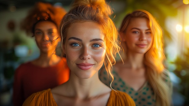 Porträt einer schönen jungen Frau, die mit Freunden im Hintergrund in die Kamera lächelt