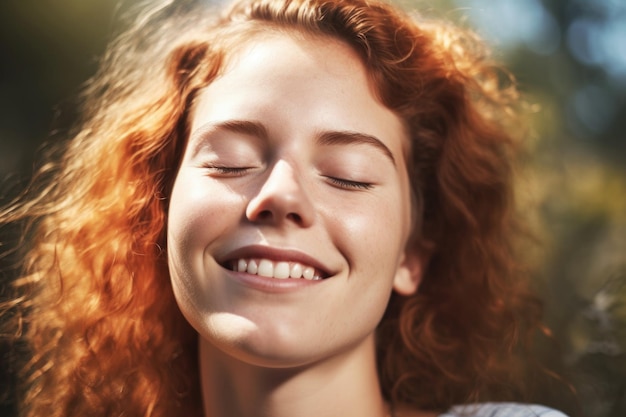 Porträt einer schönen jungen Frau, die mit geschlossenen Augen lächelt, erstellt mit generativer KI