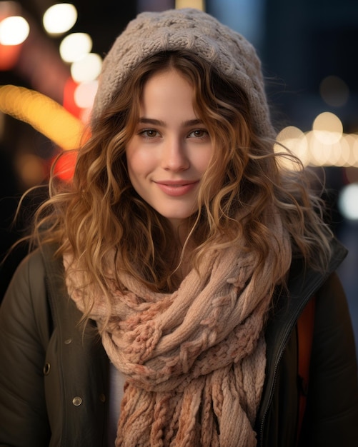 Porträt einer schönen jungen Frau in der Stadt bei Nacht Stockfoto