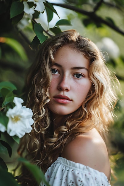 Foto porträt einer schönen jungen frau in einem blühenden garten