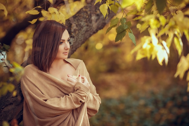 Porträt einer schönen jungen Frau in einem Herbstpark. Bilder in warmen Farben